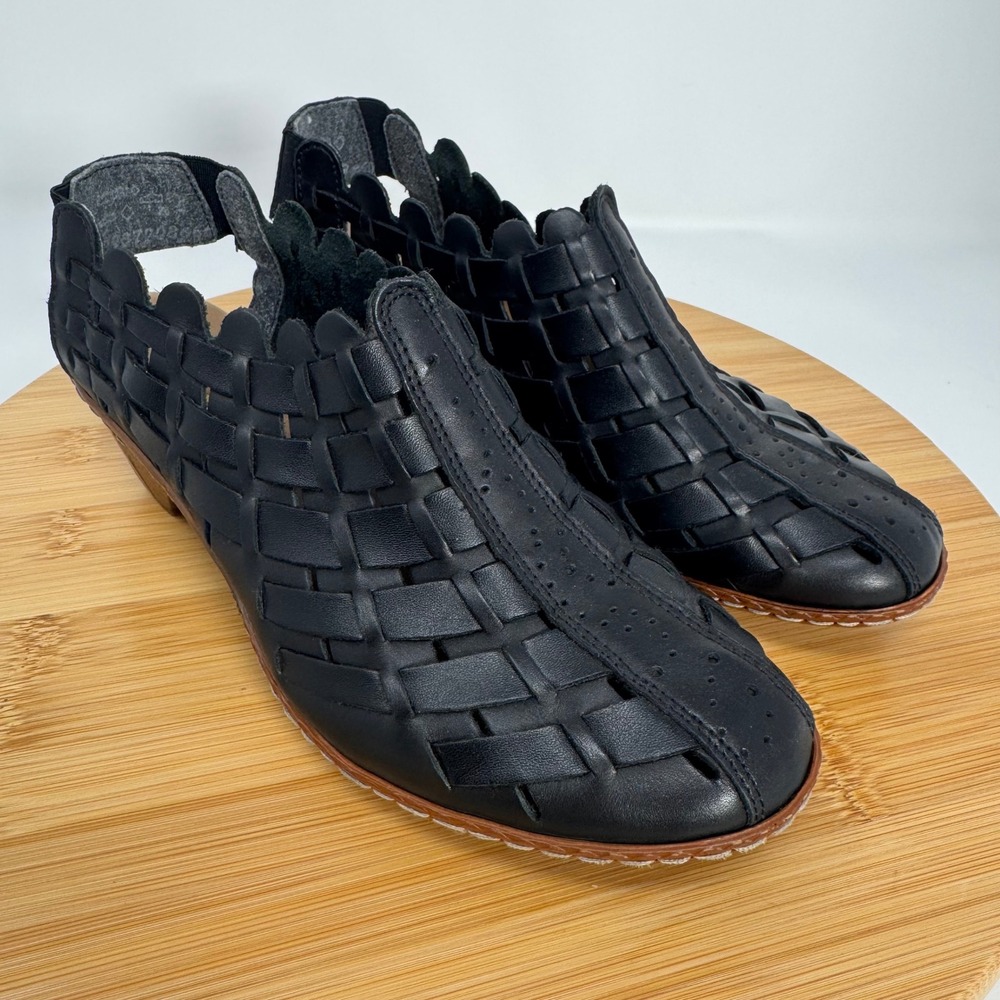Rieker‎ Antistress Black Woven Leather Slingback Block Heel Sandals EU 36